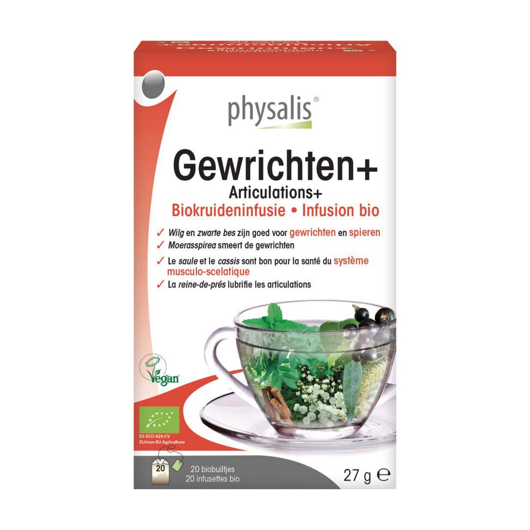 Verpakking van Physalis Gewrichten+ Infusie. Bevat 20 zakjes. Vegan-keurmerk. Bio-certificering.