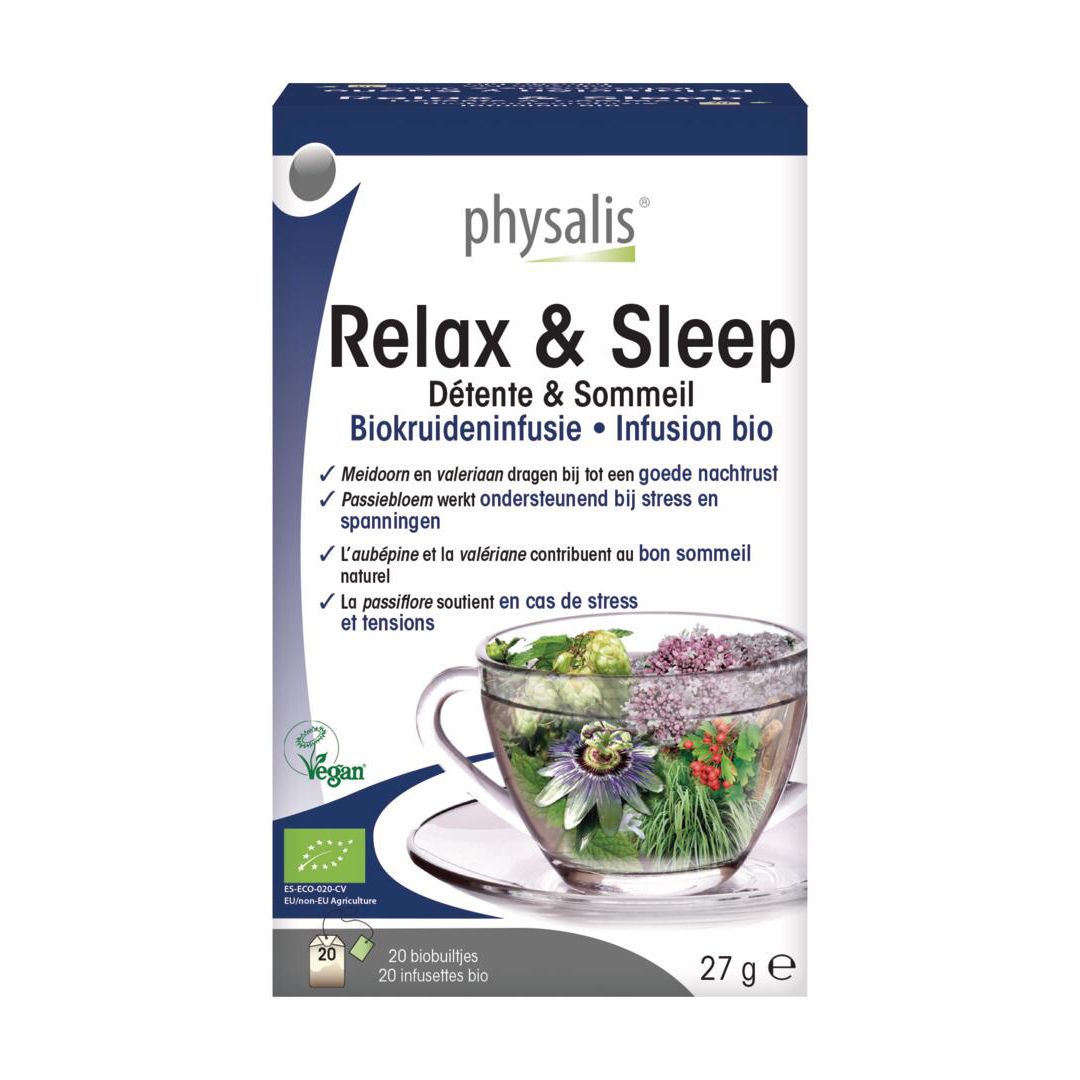 Boîte de thé physalis® Relax & Sleep. 20 sachets, 27g. Infusion bio. Label Vegan.