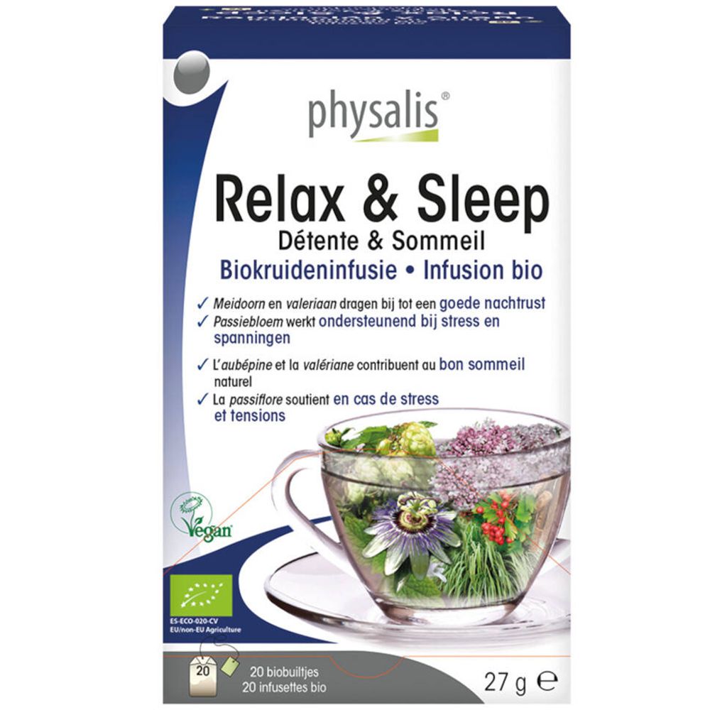 Verpackung von physalis® Relax & Sleep Tee. 20 Beutel, 27g. Bio-Kräuterinfusion. Vegan-Siegel.