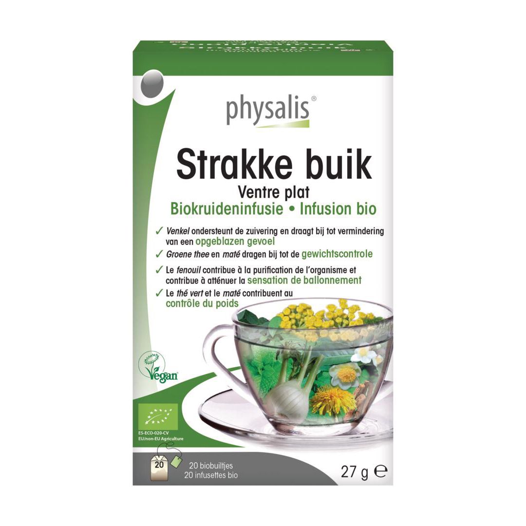 Boîte de Physalis Infusion Bio. Boîte verte et blanche. Texte : Strakke buik, Ventre plat, Infusion bio.