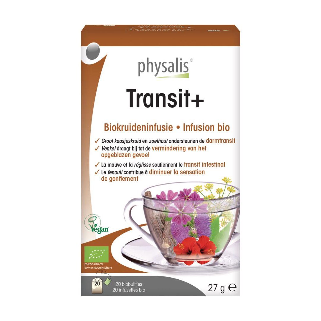 Boîte Transit+ physalis. Inscription : Biokruideninfusie. Image d'une tasse avec des fleurs. 20 sachets, 27g.