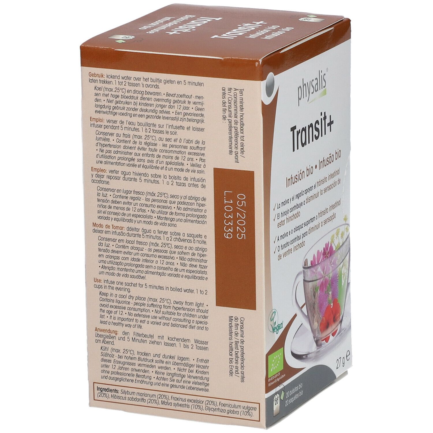 Boîte Transit+ physalis. Inscription : Infusion bio. Verso avec texte et date de péremption. 20 sachets, 27g.