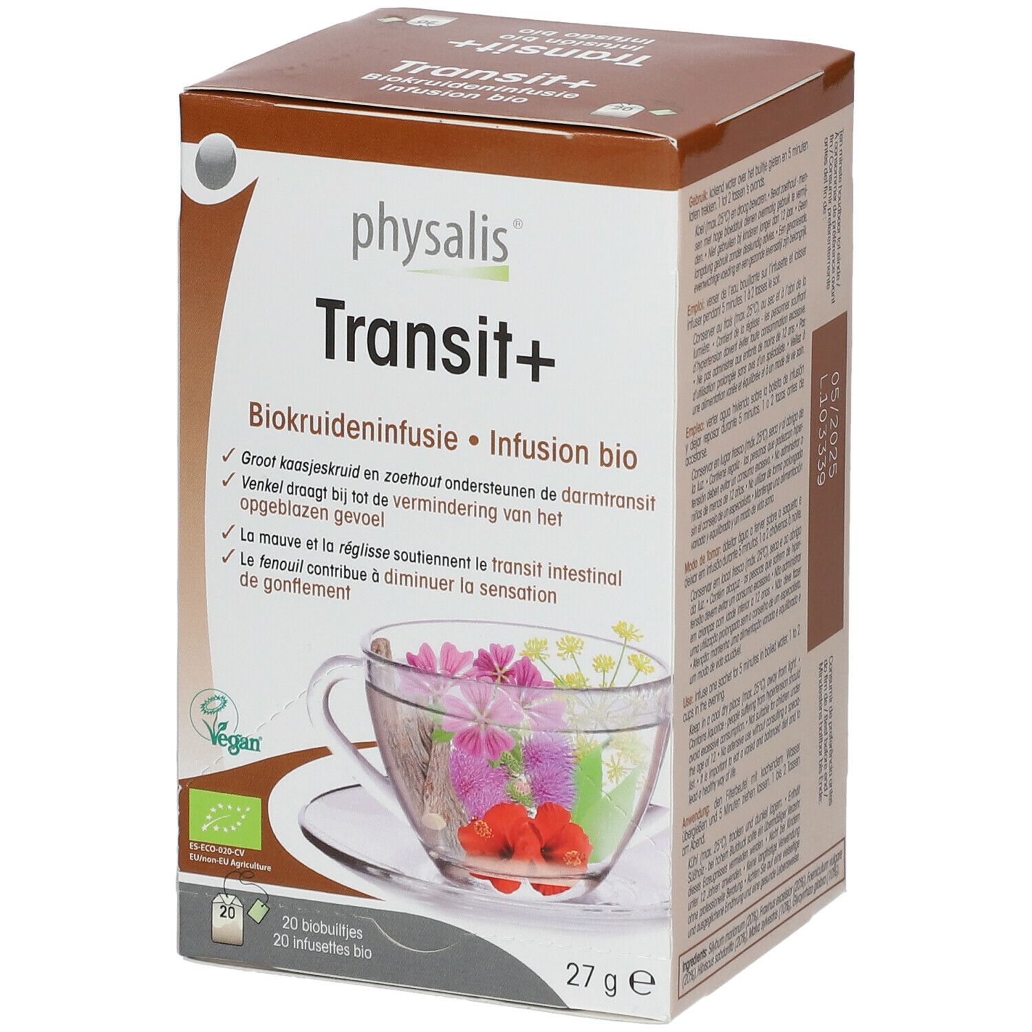Boîte Transit+ physalis. Inscription : Biokruideninfusie. Image d'une tasse avec des fleurs. 20 sachets, 27g.