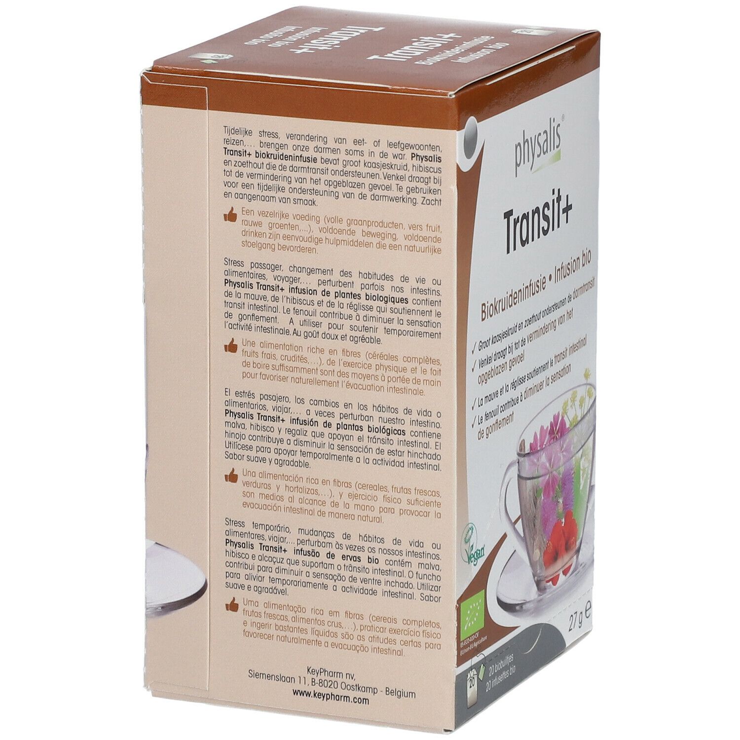 Boîte Transit+ physalis. Inscription : Biokruideninfusie. Verso avec texte. 20 sachets, 27g.
