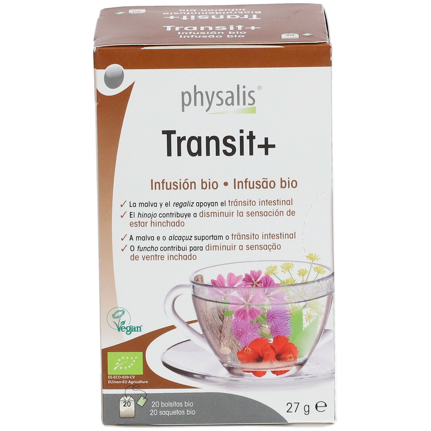 Boîte Transit+ physalis. Inscription : Infusion bio. Image d'une tasse avec des fleurs. 20 sachets, 27g.