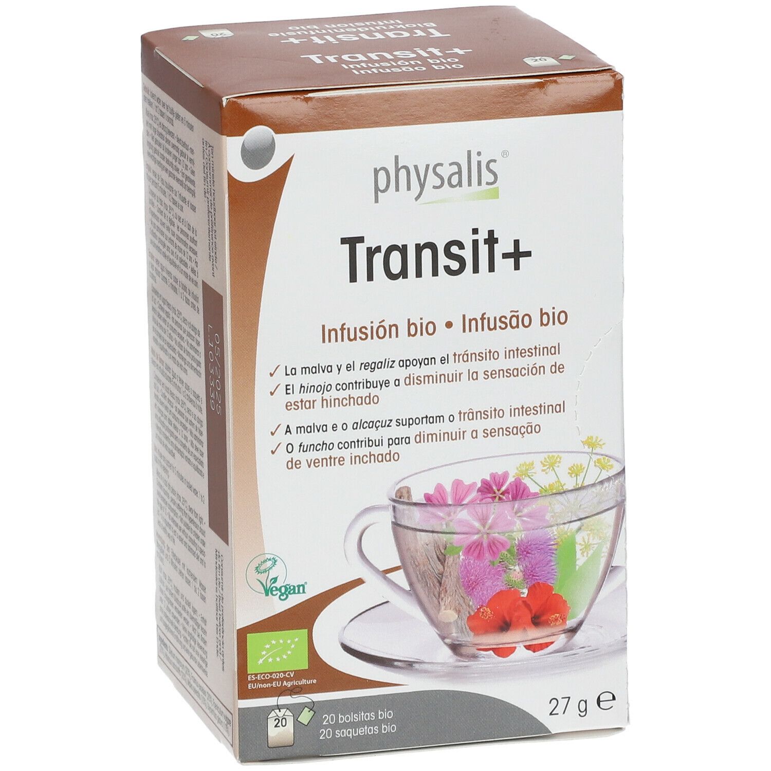 Boîte Transit+ physalis. Inscription : Infusion bio. Image d'une tasse avec des fleurs. 20 sachets, 27g.
