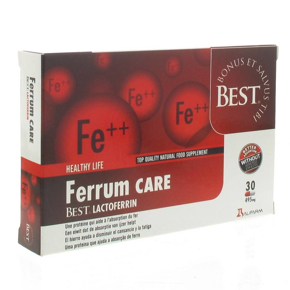 Verpakking van Ferrum Care. Rode en witte doos met productnaam en logo. Bevat 30 capsules.
