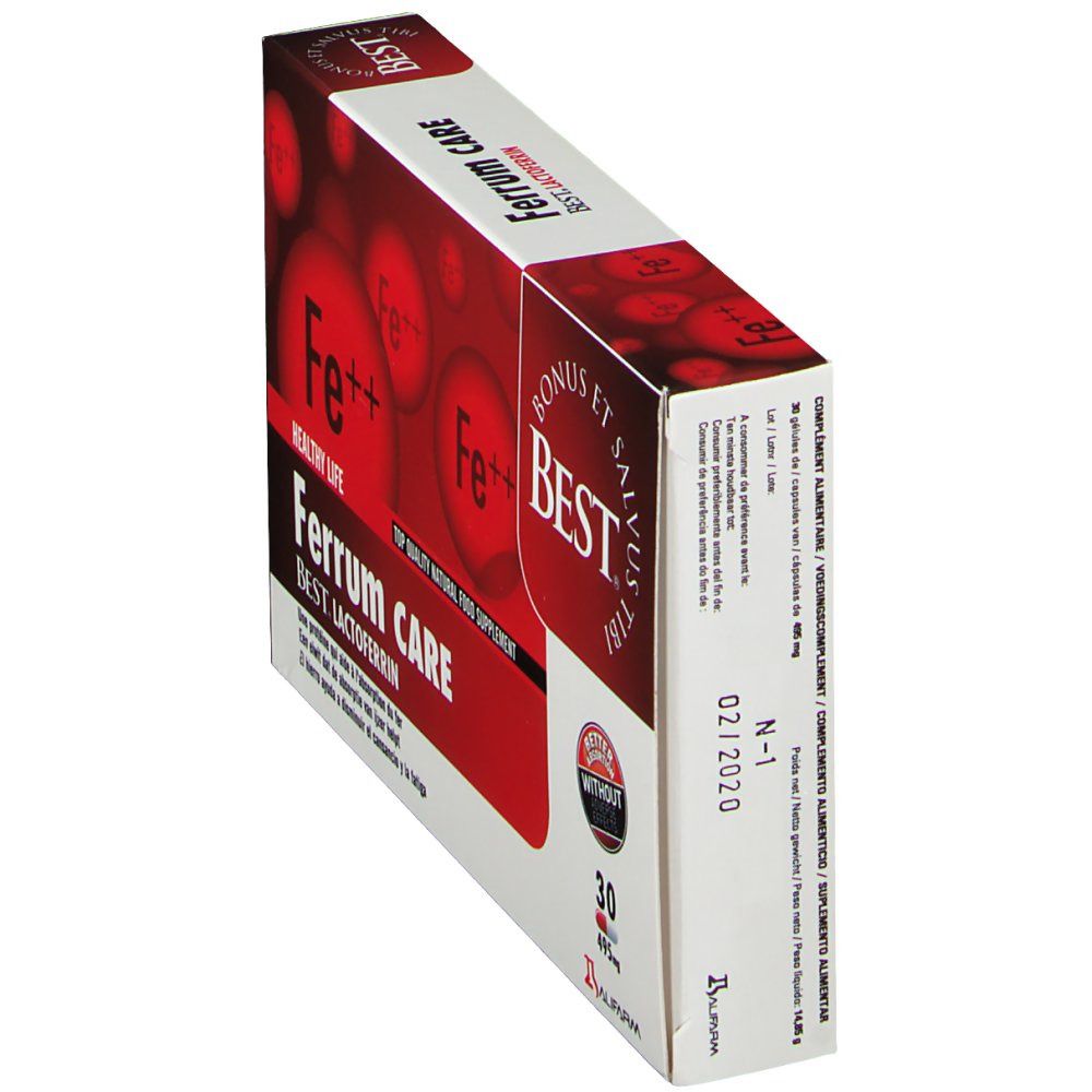 Schuine weergave van de Ferrum Care-verpakking. Rode en witte doos met productnaam en logo. 30 capsules.