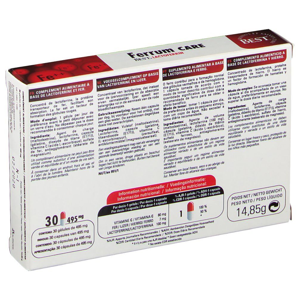 Achterkant van de Ferrum Care-verpakking. Bevat informatie over ingrediënten en voedingswaarde. 30 capsules.