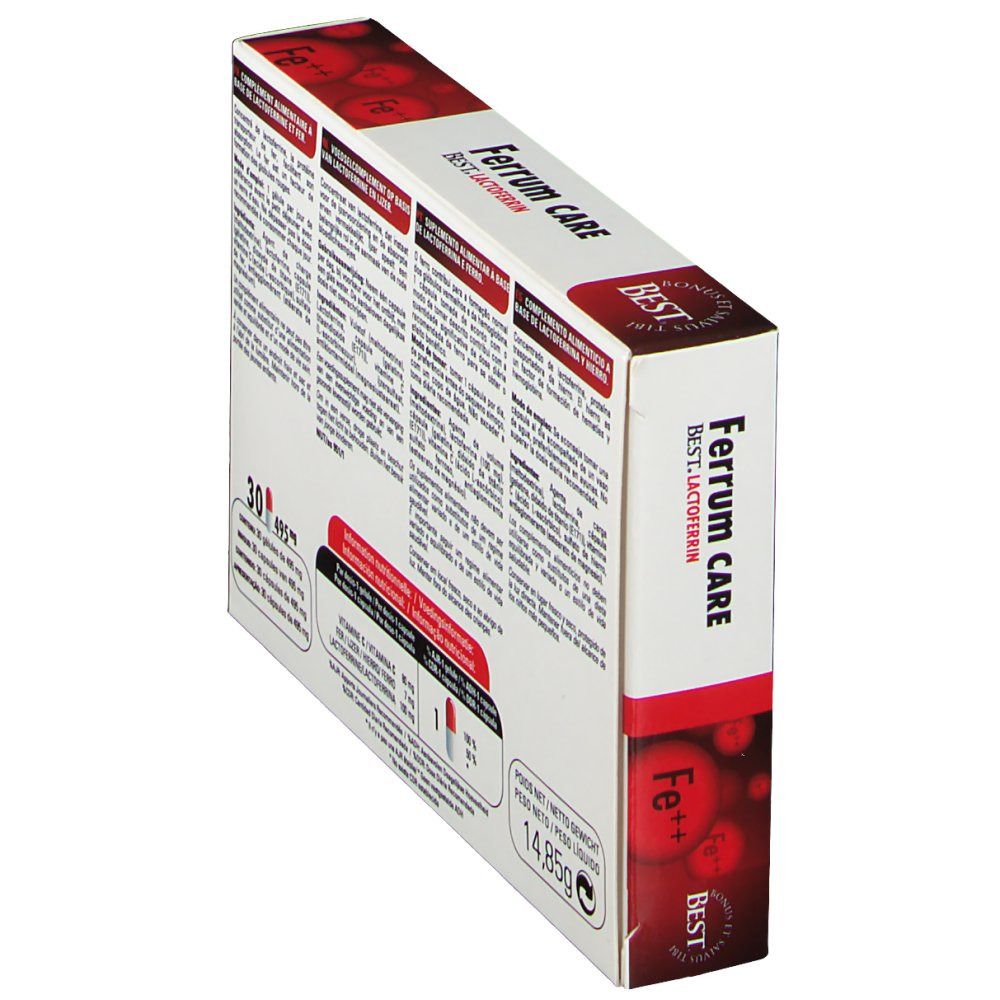 Schuine weergave van de Ferrum Care-verpakking. Achterkant met informatie over ingrediënten en voedingswaarde. 30 capsules.