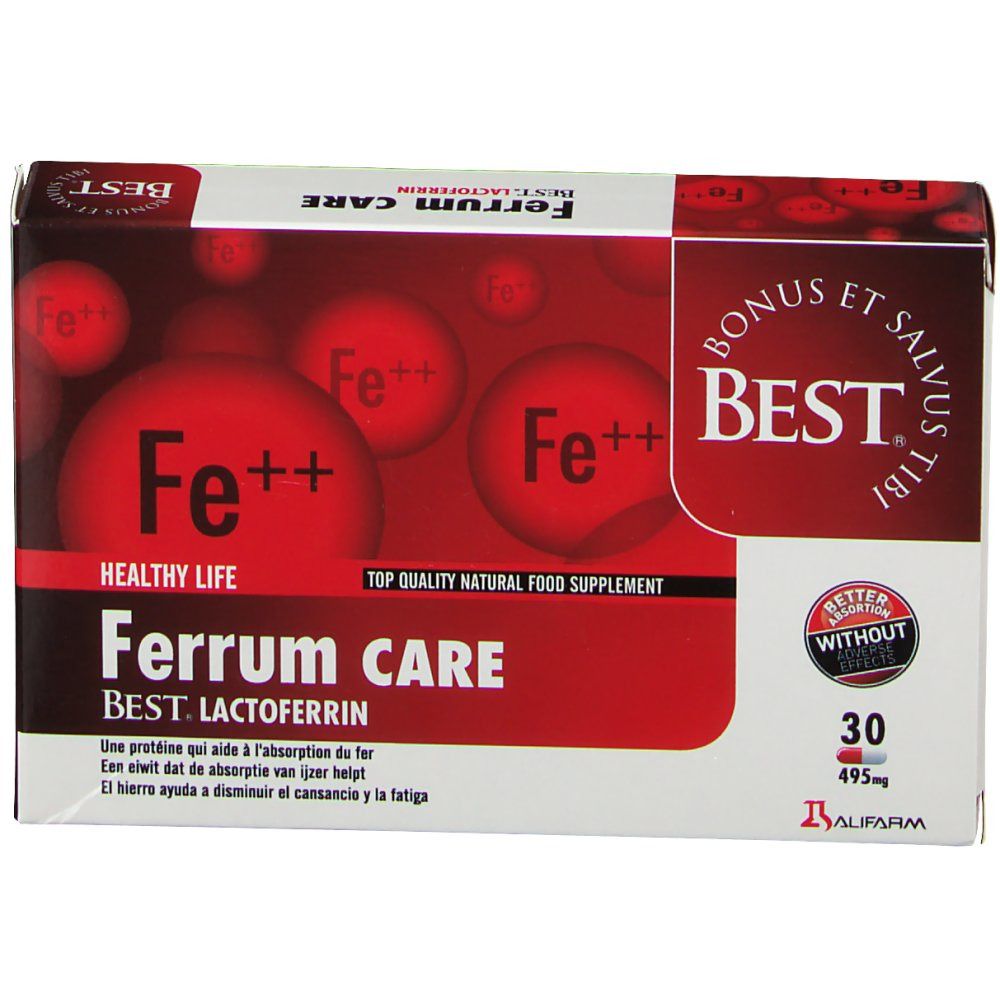 Ferrum Care-verpakking. Rode en witte doos met productnaam en logo. Bevat 30 capsules.