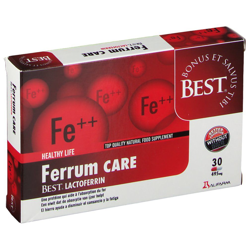 Ferrum Care-verpakking. Rode en witte doos met productnaam en logo. Bevat 30 capsules.