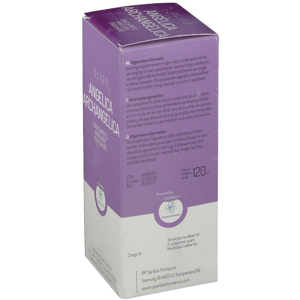 Dos de la boîte Oligoplant Angelica. Boîte violette et blanche avec texte. Contient des informations et un logo.
