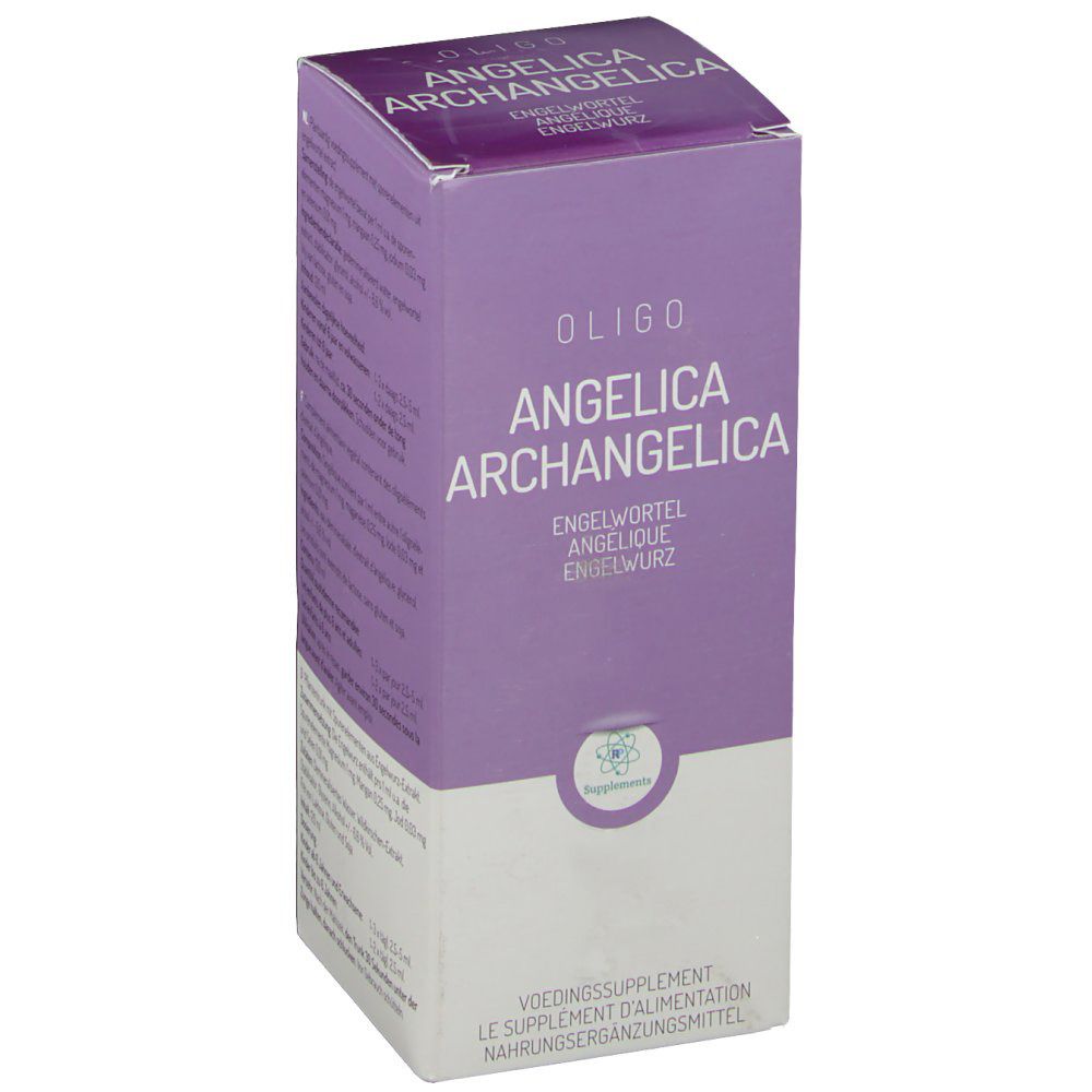 Boîte Oligoplant Angelica. Emballage violet et blanc avec nom et logo du produit. Texte : Angélique, complément alimentaire.