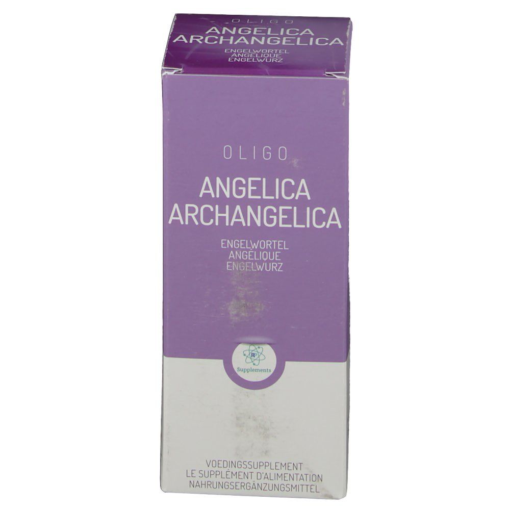 Boîte Oligoplant Angelica. Emballage violet et blanc avec nom et logo du produit. Texte : Angélique, complément alimentaire.