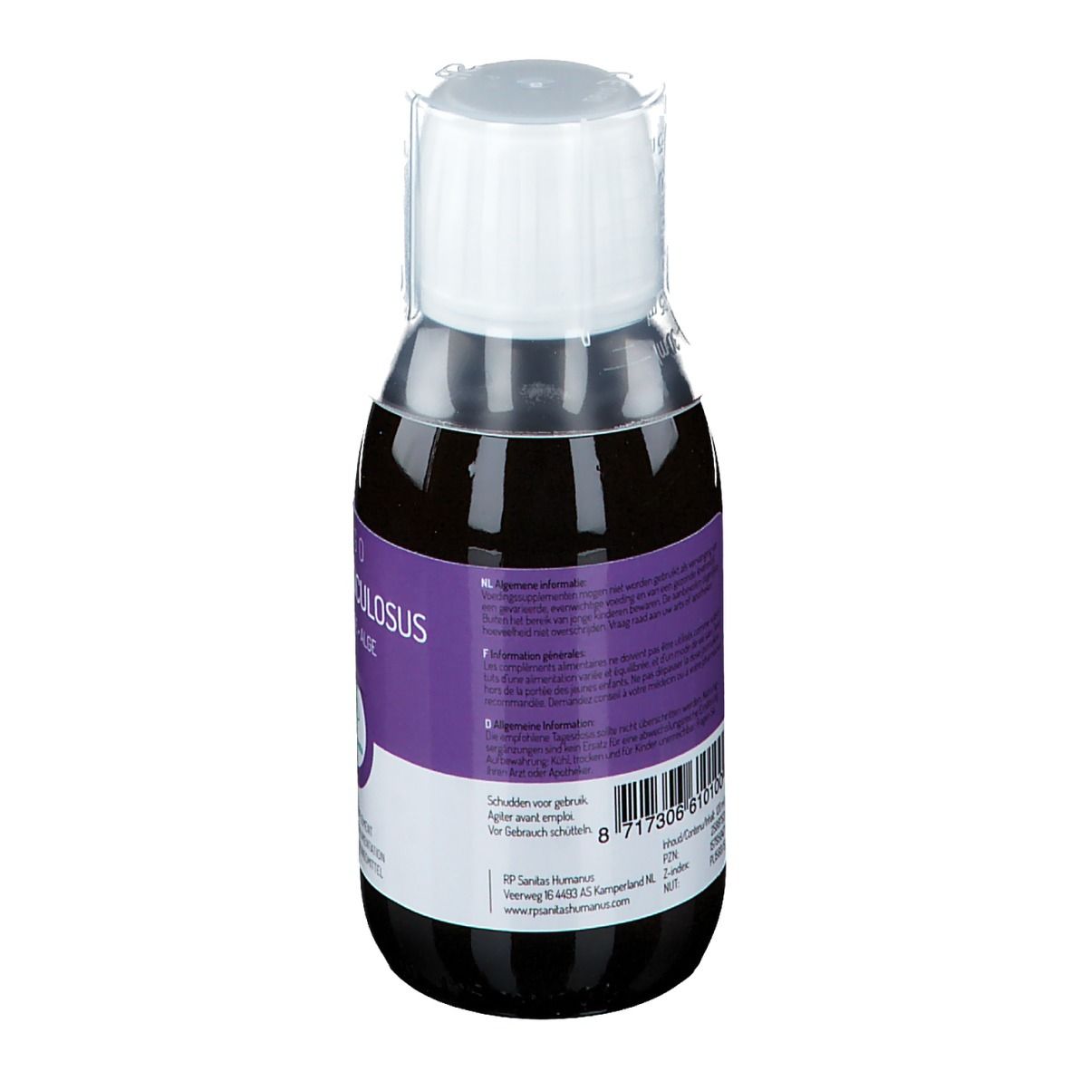 Rückseite der Flasche Oligoplant Fucus vesiculosus Algen-Nahrungsergänzungsmittel, 125ml.