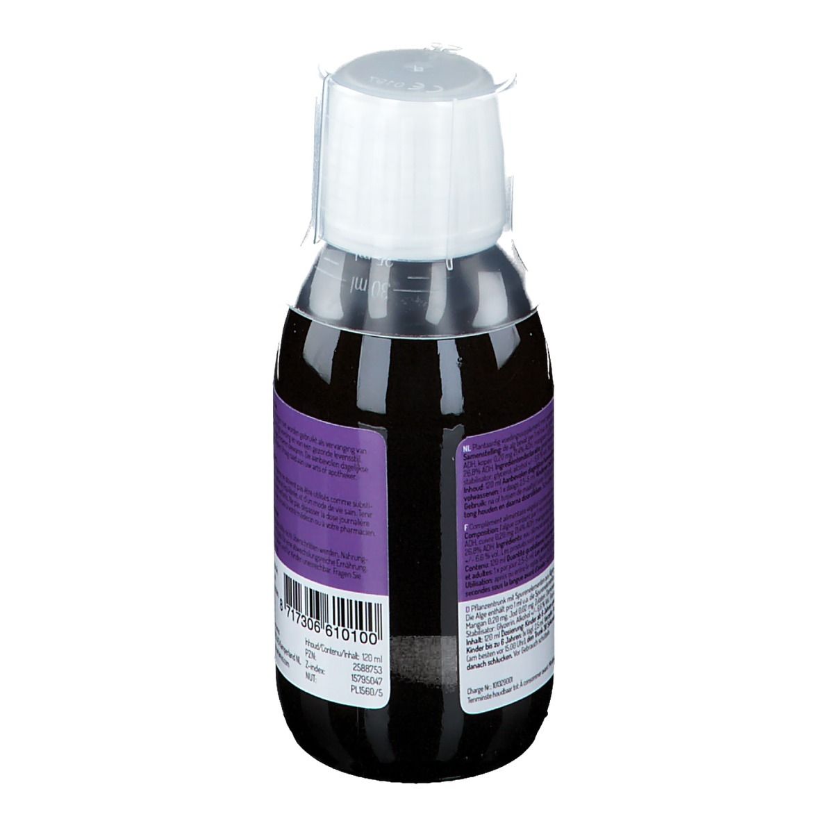 Seitenansicht der Flasche Oligoplant Fucus vesiculosus Algen-Nahrungsergänzungsmittel, 125ml.