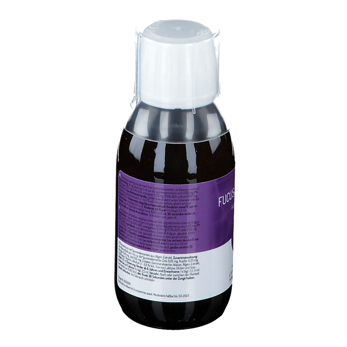 Rückseite der Flasche Oligoplant Fucus vesiculosus Algen-Nahrungsergänzungsmittel, 125ml.