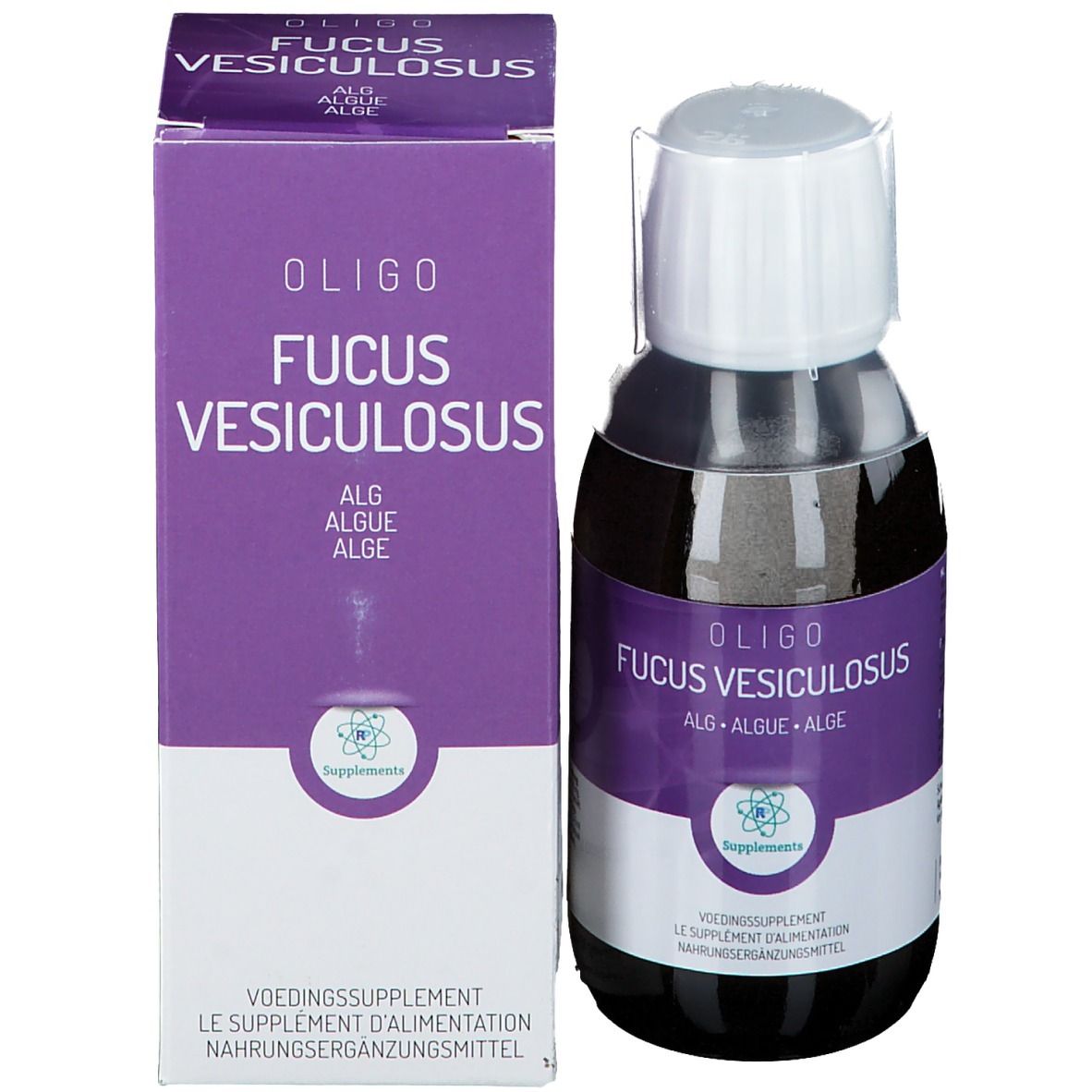 Oligoplant Fucus vesiculosus Algen-Nahrungsergänzungsmittel in Flasche und Karton, 125ml.