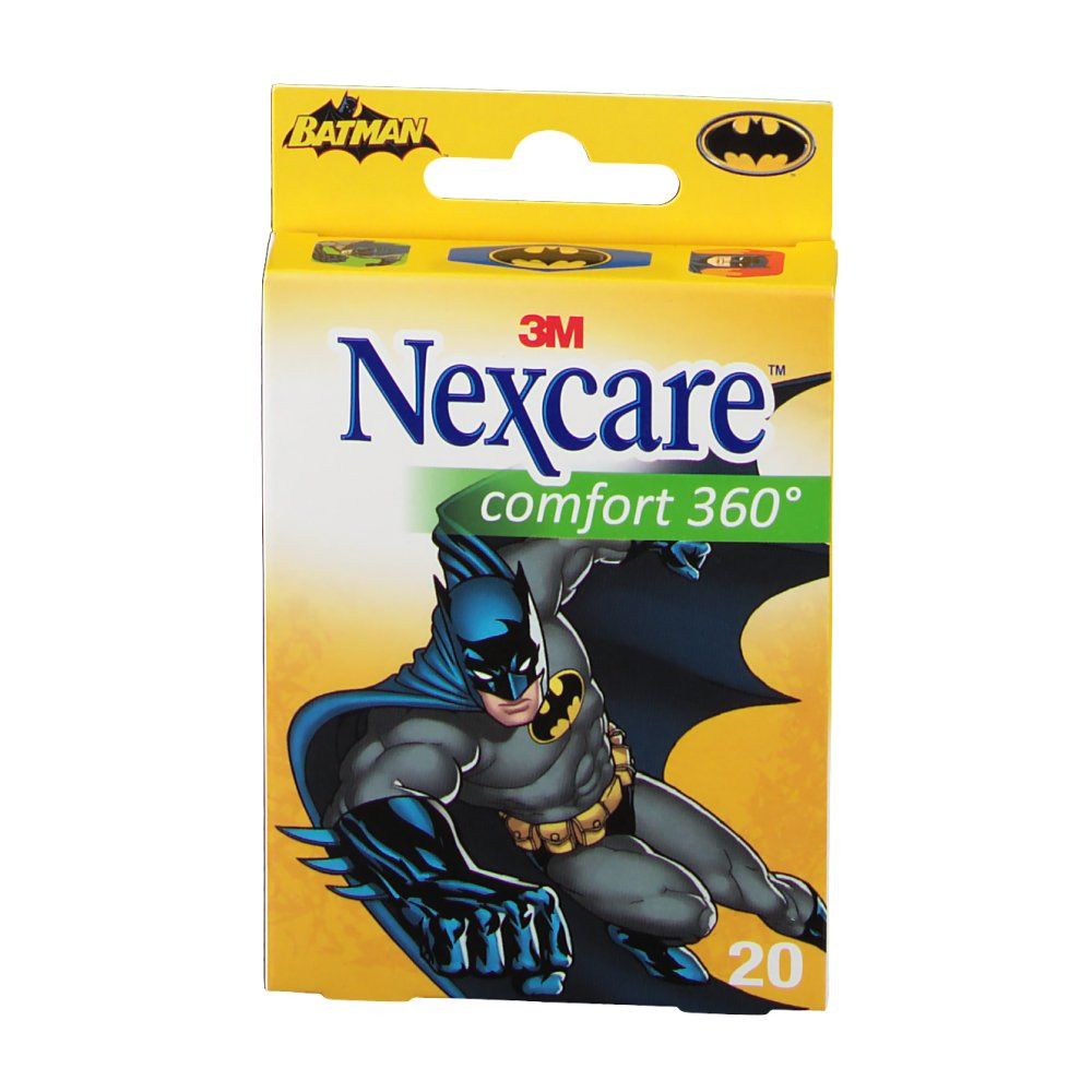 Vooraanzicht pleisterverpakking. Nexcare Comfort 360°. 20 stuks. Batman-motief.