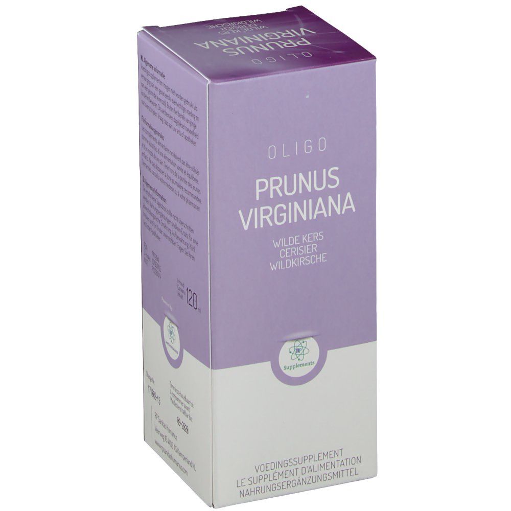 Verpakking Oligoplante Cerisier. Paars-witte doos met productnaam en logo. Tekst: Prunus Virginiana, voedingssupplement. 120 eenheden.