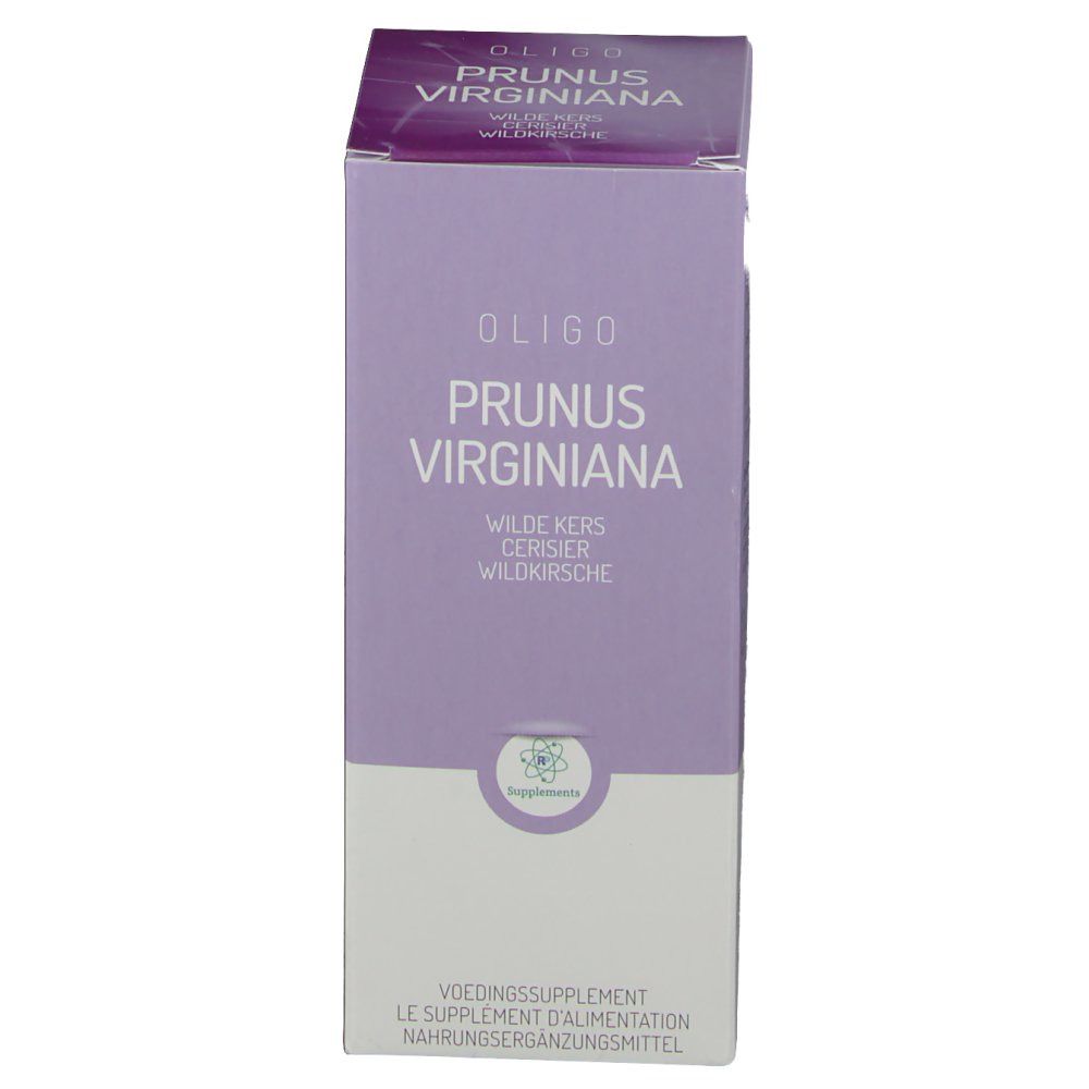 Verpakking Oligoplante Cerisier. Paars-witte doos met productnaam en logo. Tekst: Prunus Virginiana, voedingssupplement.