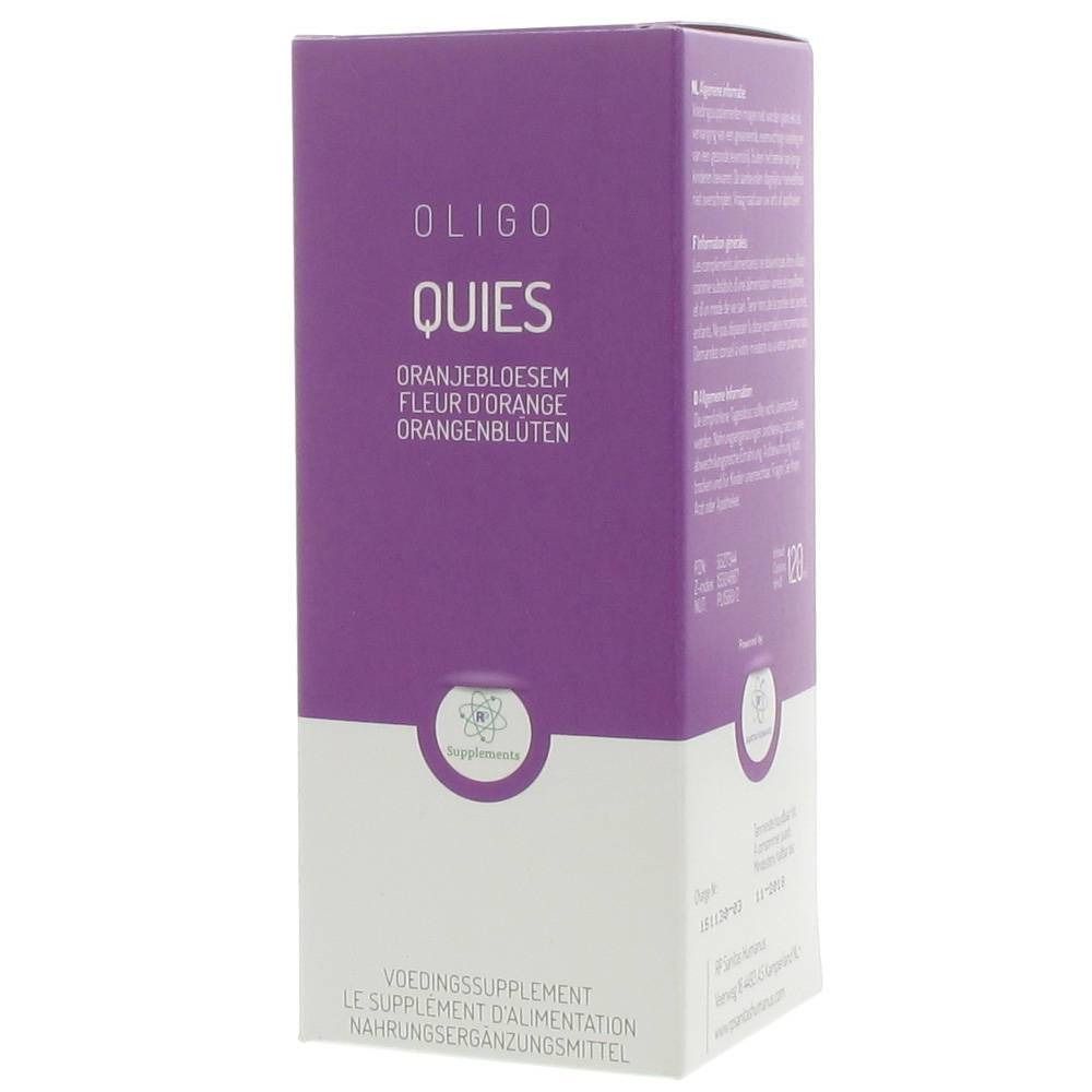 Boîte Oligoplant Quies, violet et blanc. Inscriptions multilingues, dont « Fleur d'Orange ». Complément alimentaire.