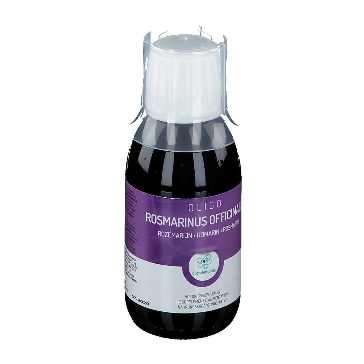 Vorderansicht der Flasche mit Produktinformationen. Etikett mit Text und Barcode. Transparente Verschlusskappe.