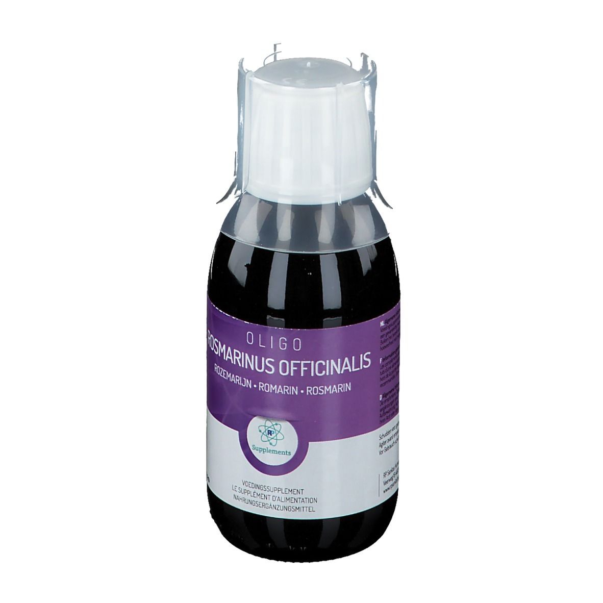Vorderansicht der Flasche mit Produktinformationen. Etikett mit Text und Barcode. Transparente Verschlusskappe.