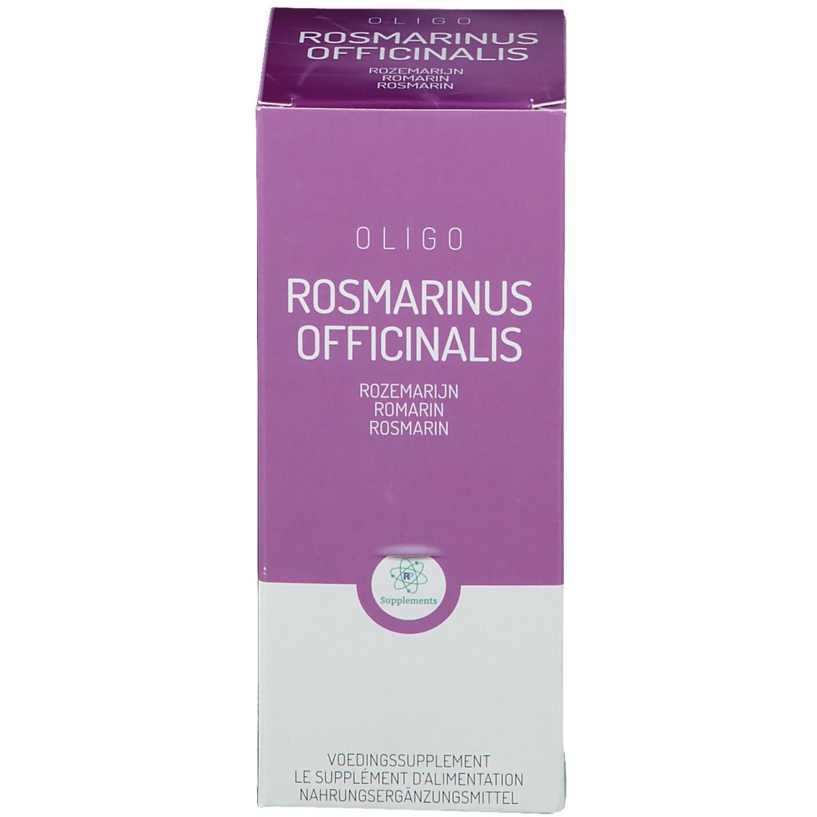 Schachtel mit Produktnamen und Logo. Lila und weißes Design. Nahrungsergänzungsmittel.