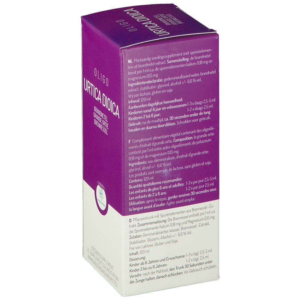 Dos de l'emballage du produit avec informations sur les ingrédients et recommandations posologiques. Texte en allemand, français, néerlandais et anglais.