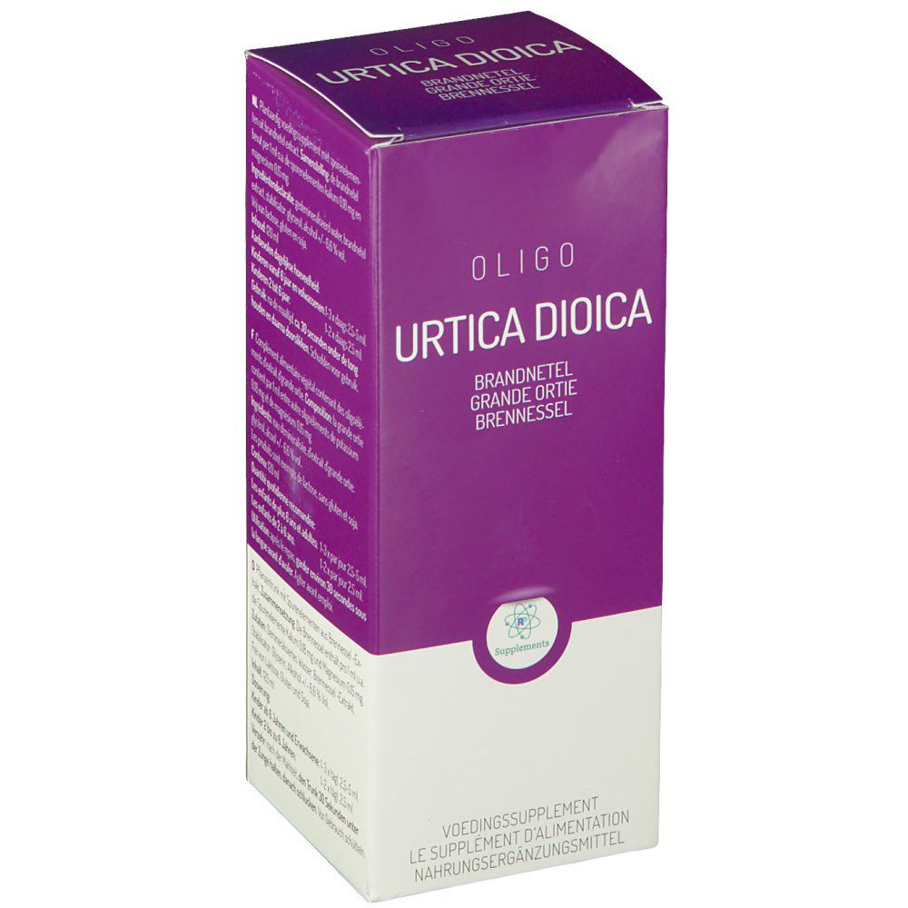 Emballage du produit avec le nom Urtica Dioica. Design violet et blanc. Texte en allemand, français, néerlandais et anglais.