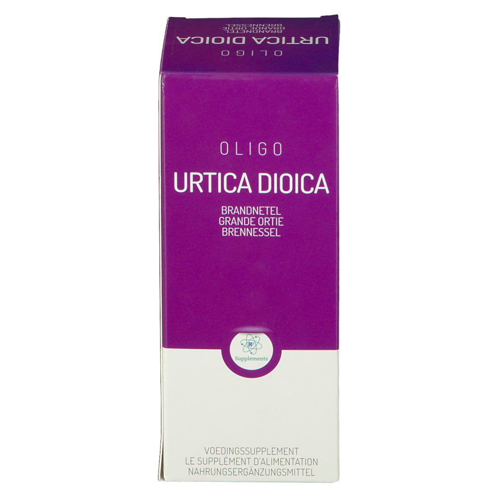 Emballage du produit avec le nom Urtica Dioica. Design violet et blanc. Texte en allemand, français, néerlandais et anglais.