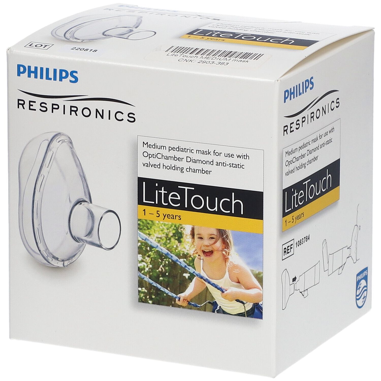 Verpakking van Philips Respironics LiteTouch-masker. Bevat een transparant masker voor kinderen van 1-5 jaar.