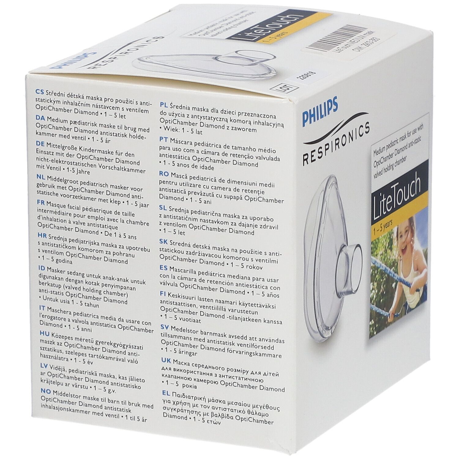 Verpakking van Philips Respironics LiteTouch-masker. Meertalige tekstsecties, transparant masker voor kinderen.