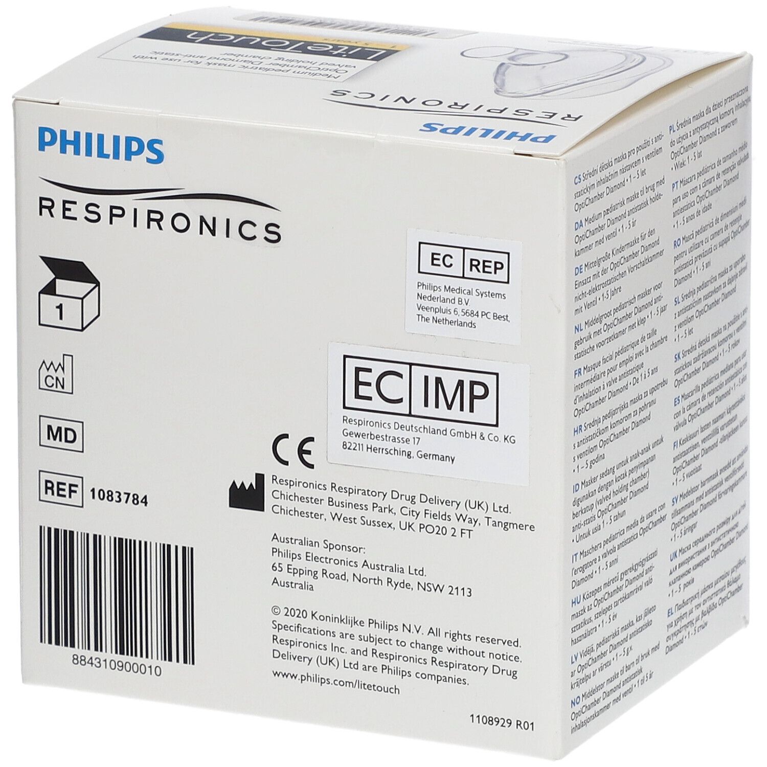 Verpakking van Philips Respironics LiteTouch-masker. Bevat informatie over fabrikant, certificeringen en referentienummers.
