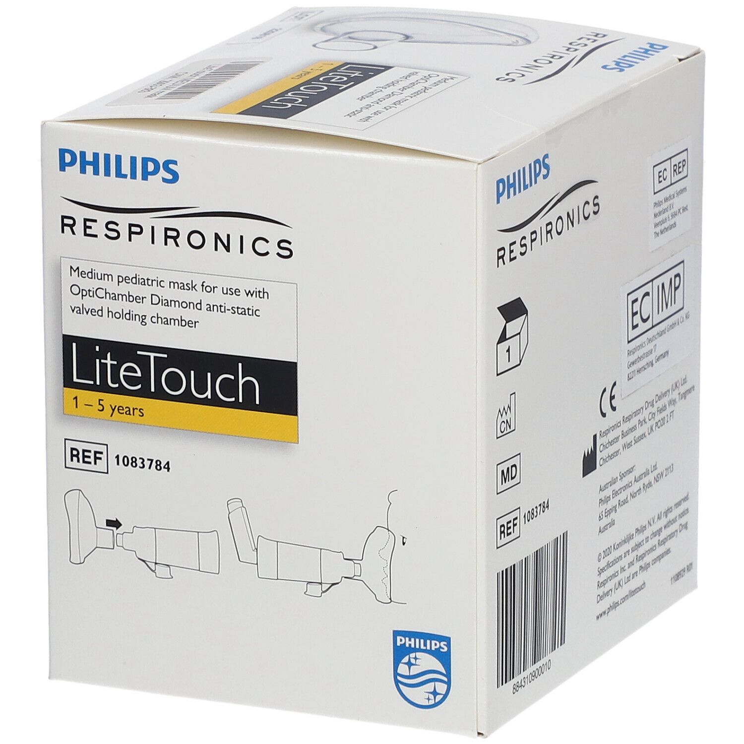 Verpakking van Philips Respironics LiteTouch-masker. Bevat een transparant masker voor kinderen van 1-5 jaar.