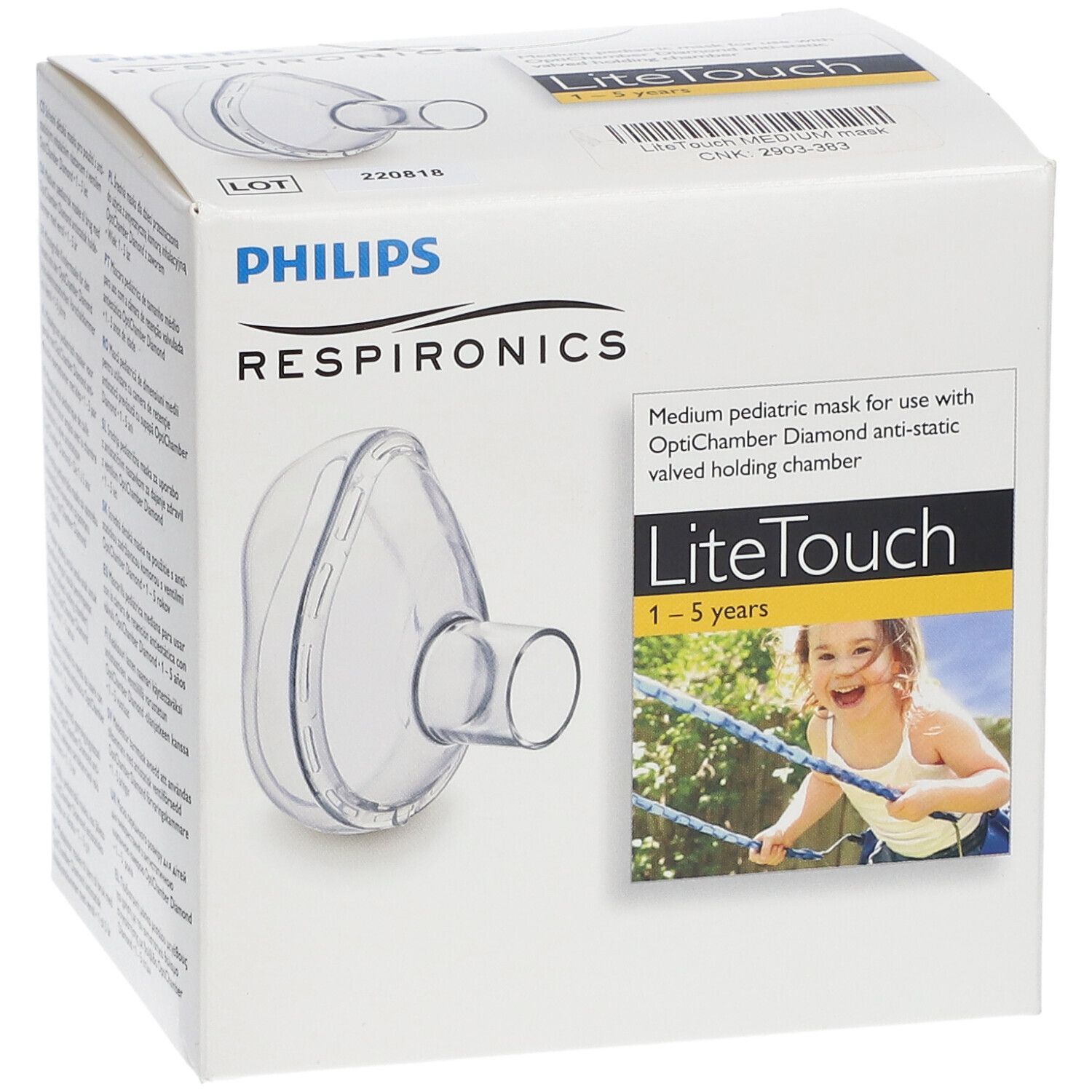 Verpakking van Philips Respironics LiteTouch-masker. Bevat een transparant masker voor kinderen van 1-5 jaar.
