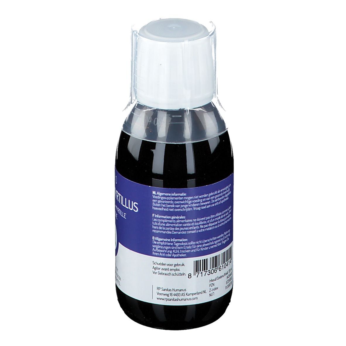 Rückansicht der Flasche mit Nahrungsergänzungsmittel. Blaue Flüssigkeit, weißer Deckel, blaue Etiketten mit Text.