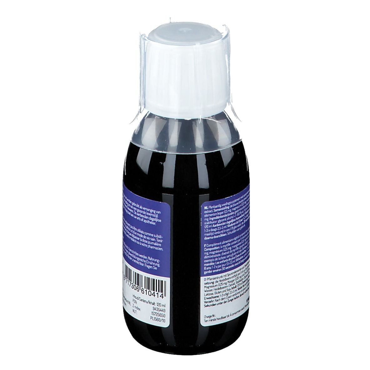 Seitenansicht der Flasche mit Nahrungsergänzungsmittel. Blaue Flüssigkeit, weißer Deckel, blaue Etiketten mit Text.