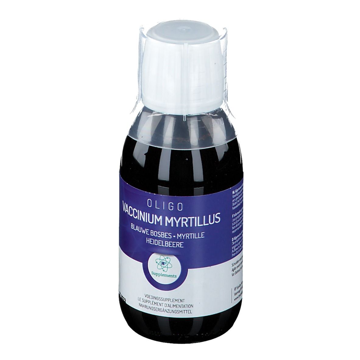 Nahrungsergänzungsmittel in einer Flasche. Blaue Flüssigkeit, weißer Deckel, blaue Etiketten mit Text.