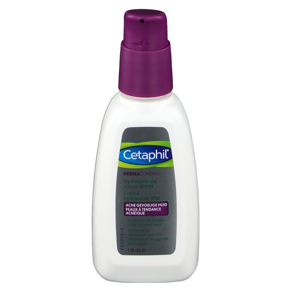 Weiße Flasche mit lila Pumpverschluss. Schwarzes Etikett mit grünem und blauem Logo. Text: CETAPHIL Dermacontrol, SPF 30. Für zu Akne neigende Haut.
