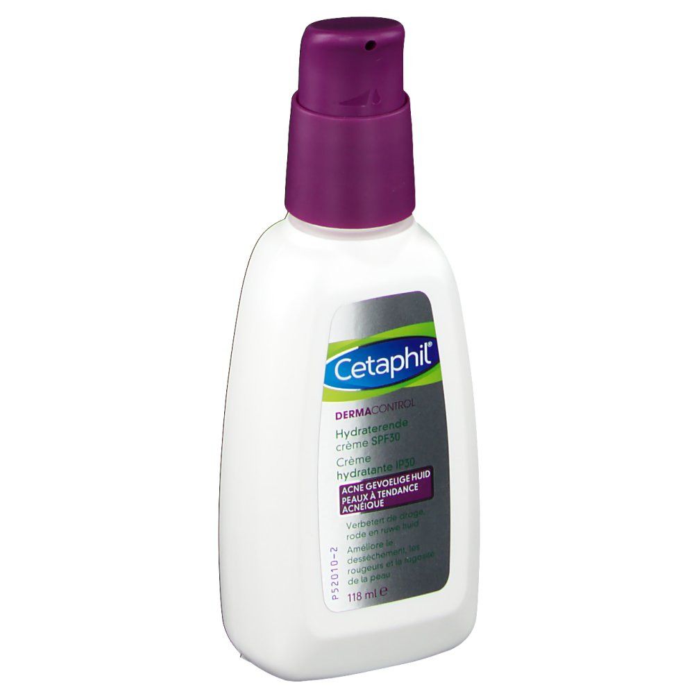 Weiße Flasche mit lila Pumpverschluss. Schwarzes Etikett mit grünem und blauem Logo. Text: CETAPHIL Dermacontrol, SPF 30. Für zu Akne neigende Haut.