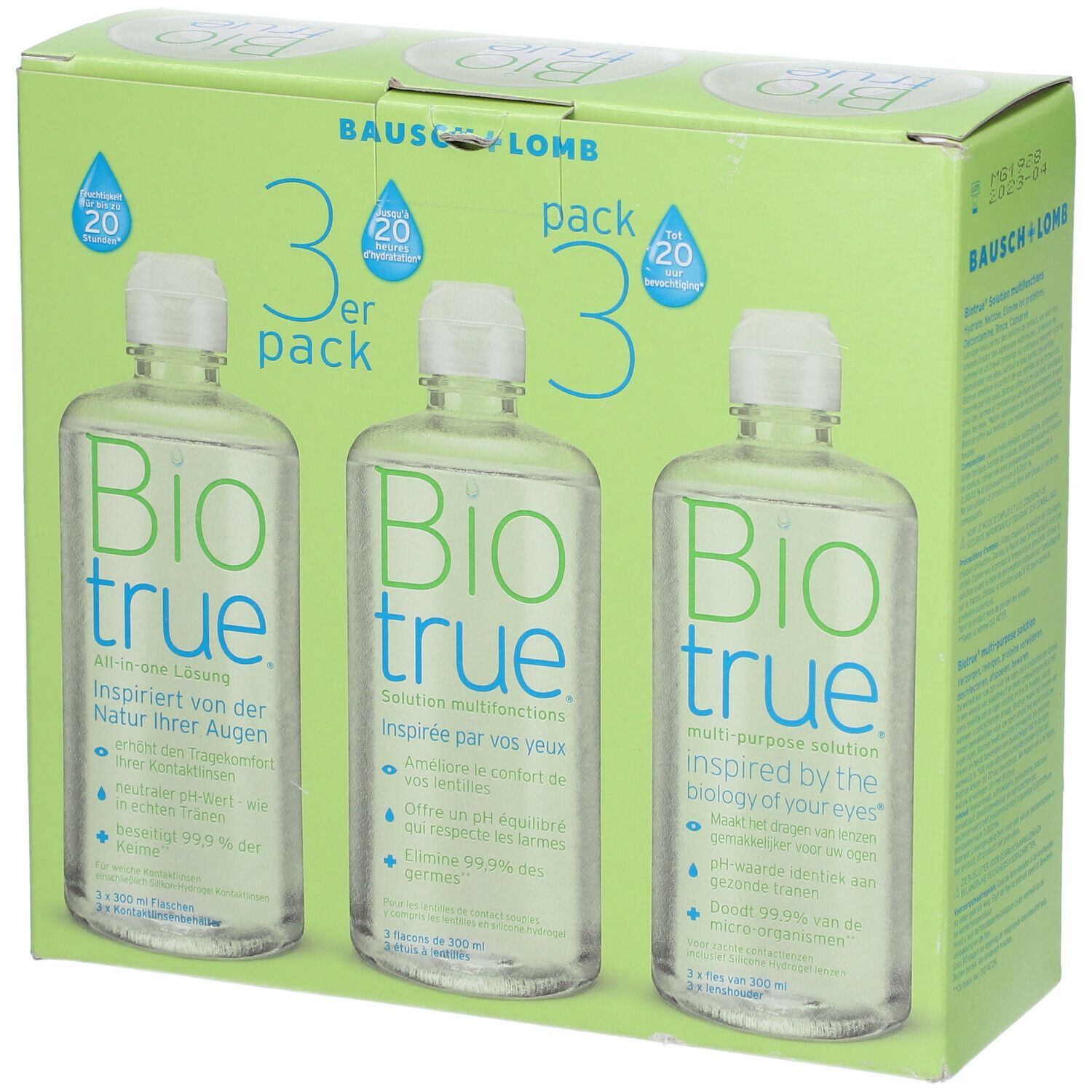 Bausch + Lomb Biotrue 3-pack. Drie flessen contactlensvloeistof in een groene verpakking. Opschrift: Bio true.