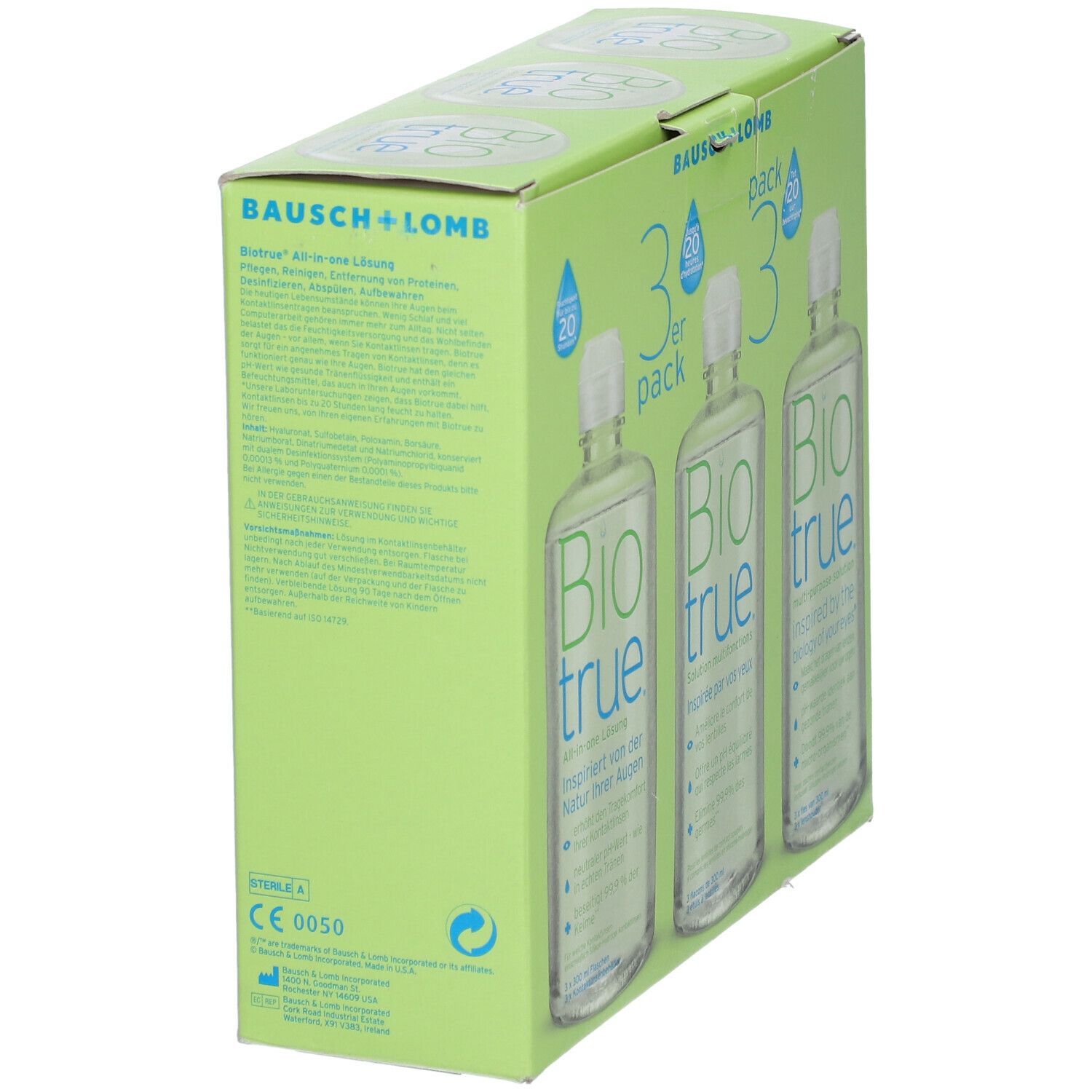 Groene verpakking van Bausch + Lomb Biotrue 3-pack. Tekst en CE-markering op de zijkant. Drie flessen contactlensvloeistof zichtbaar.