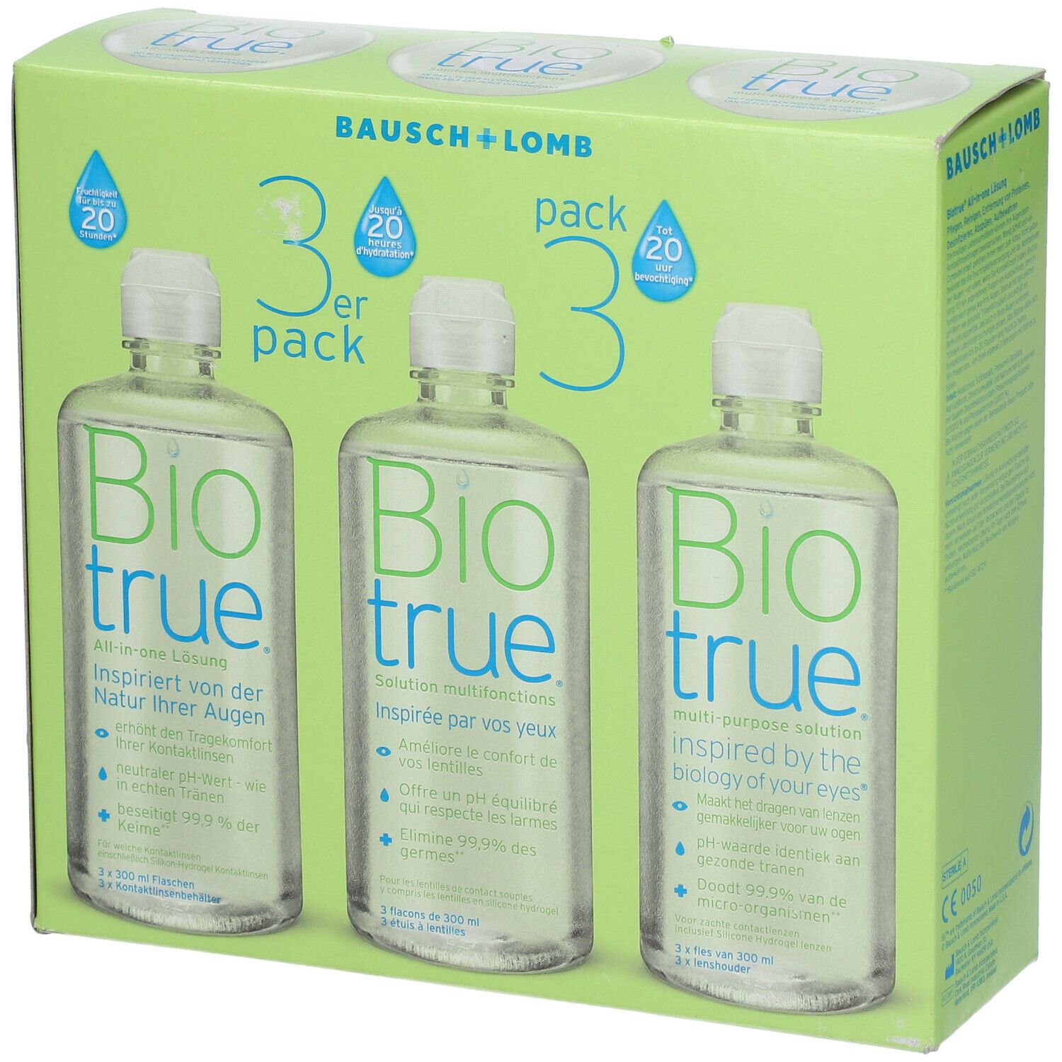Bausch + Lomb Biotrue 3-pack. Drie flessen contactlensvloeistof in een groene verpakking. Opschrift: Bio true.