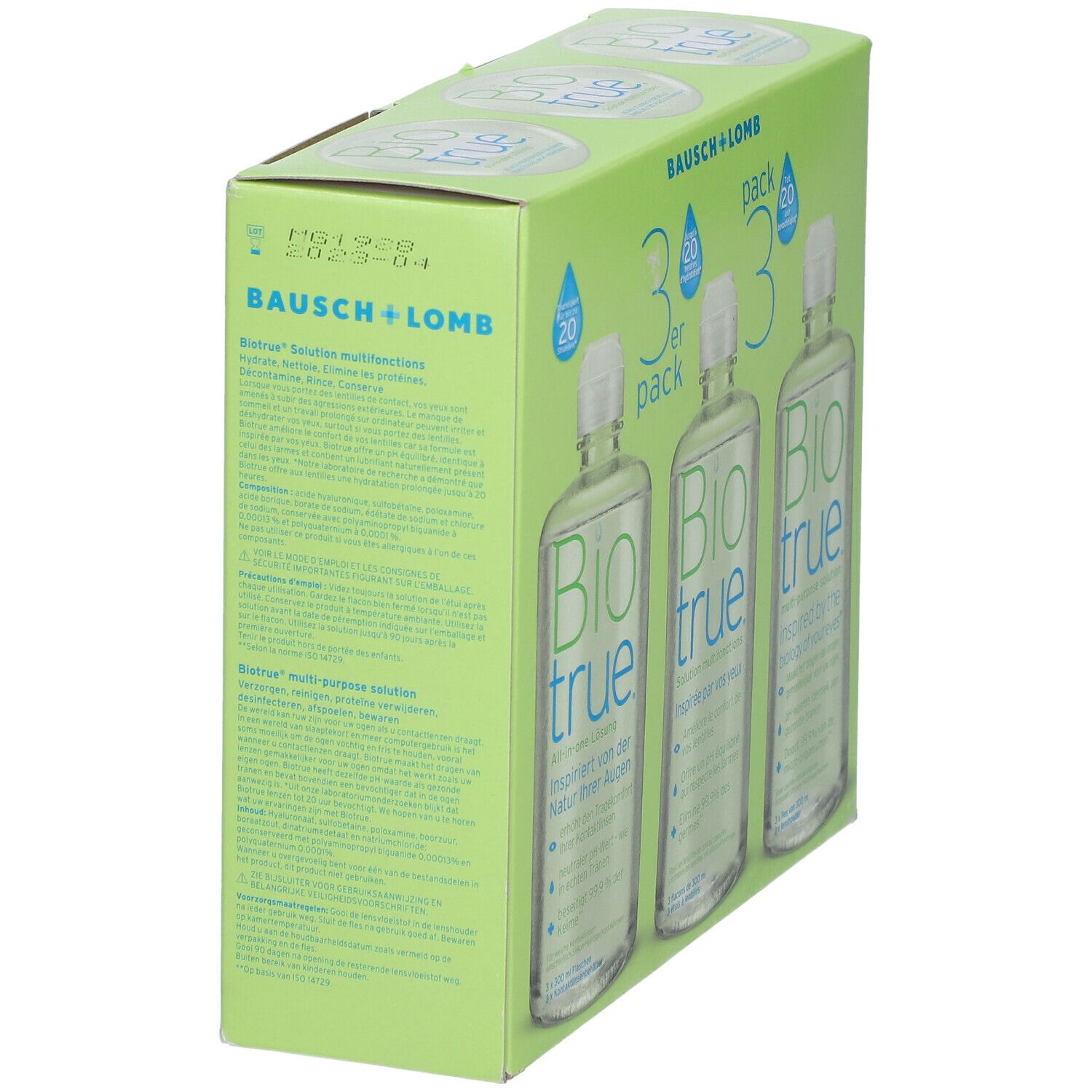 Groene verpakking van Bausch + Lomb Biotrue 3-pack. Tekst en CE-markering op de zijkant. Drie flessen contactlensvloeistof zichtbaar.
