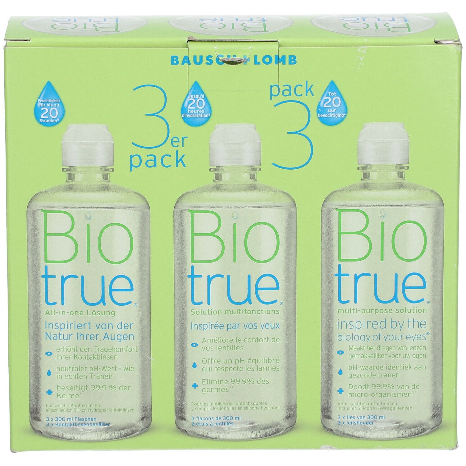 Bausch + Lomb Biotrue 3-pack. Drie flessen contactlensvloeistof in een groene verpakking. Opschrift: Bio true.