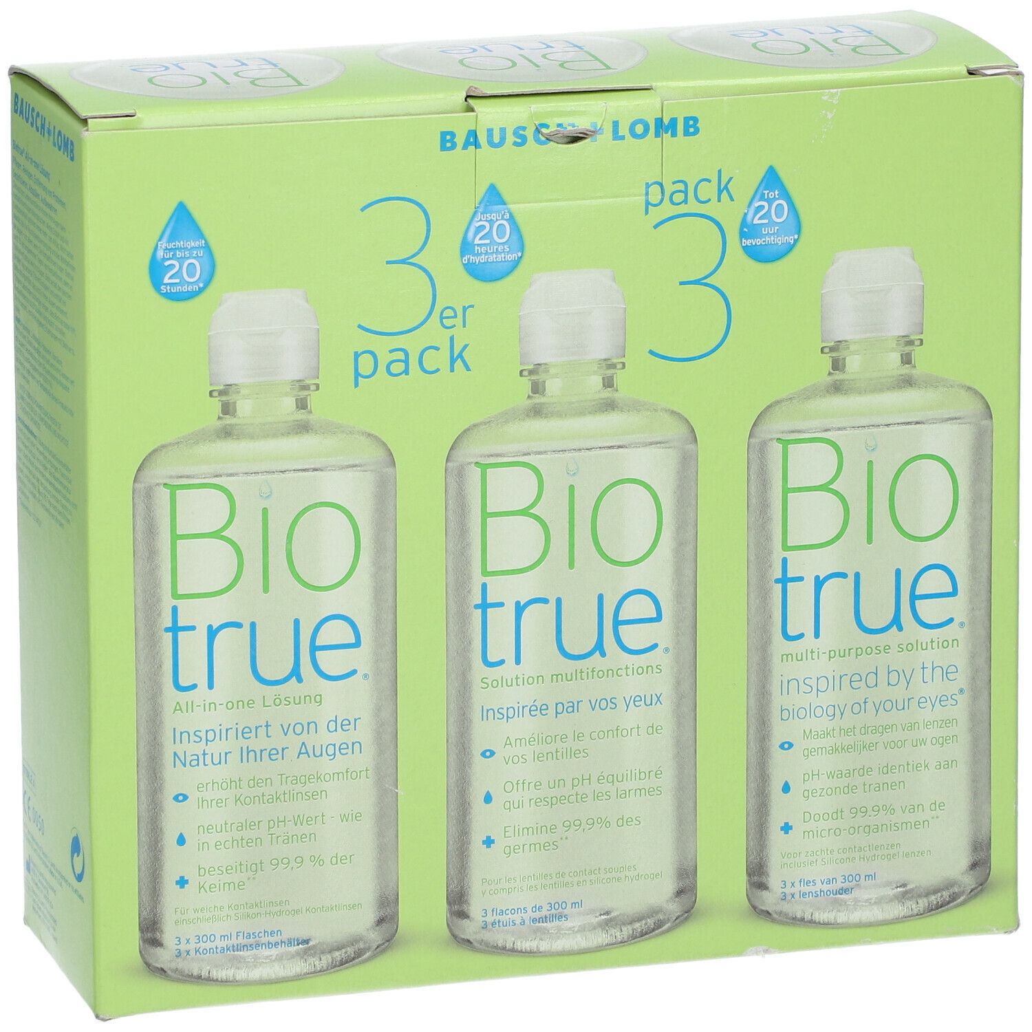 Bausch + Lomb Biotrue 3-pack. Drie flessen contactlensvloeistof in een groene verpakking. Opschrift: Bio true.