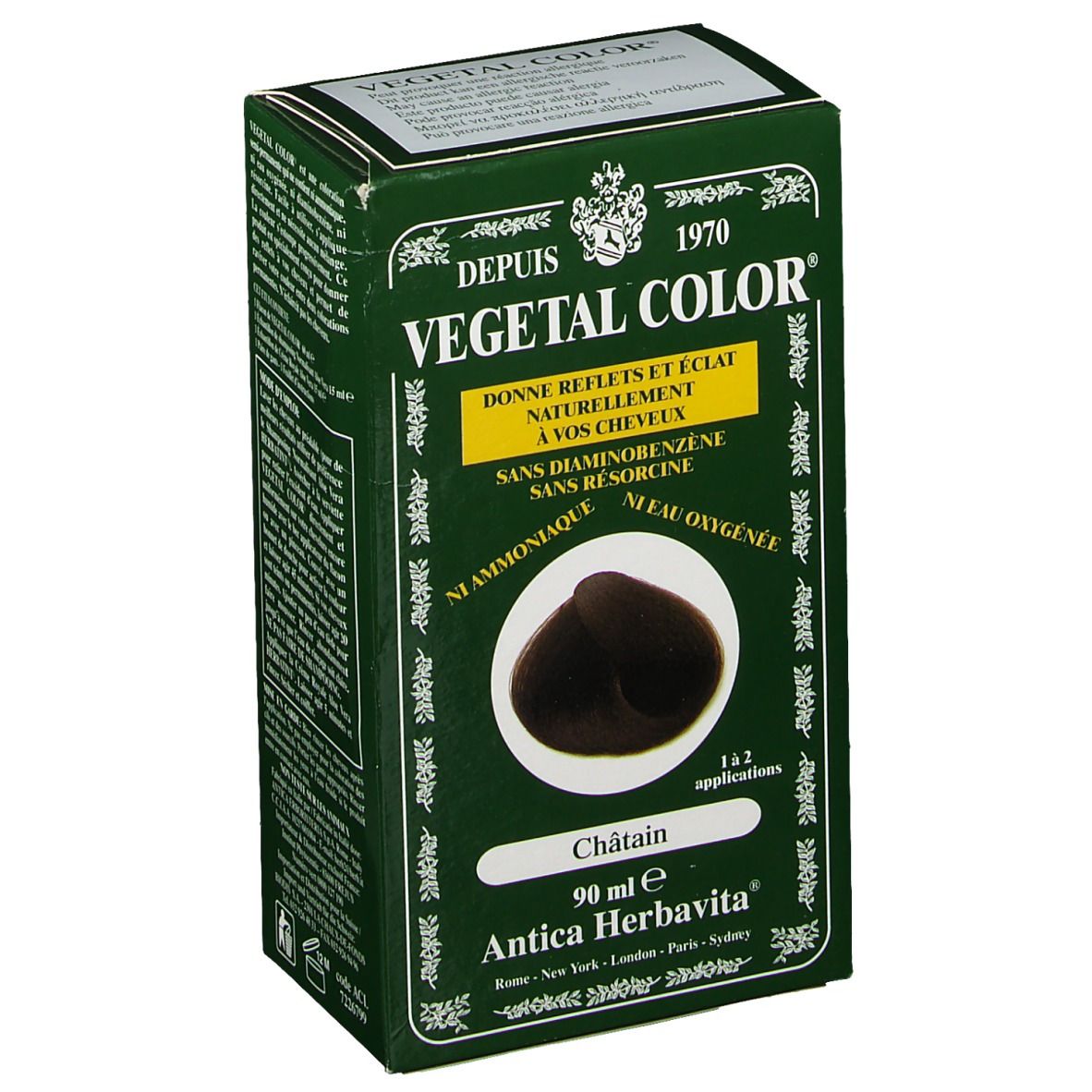 Boîte verte VEGETAL COLOR. Inscriptions : Châtain, 90 ml, Antica Herbavita. Illustration de couleur.